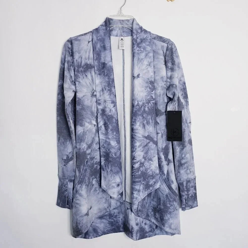 90 Degree By Reflex Shawl Collar Open Front Cardigan Sz Medium Tie Dye Blue/Gray